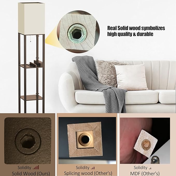 PAZZO Floor Lamp with Shelves, Shelf Floor Lamps by Solid Wood with 2 Charging Ports and 1 Power Outlet, Floor Lamps for Bedrooms, Lamps for Living Room, Brown Color - LeafyLoom