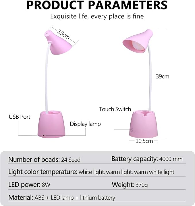 Small Desk Lamp, Kids Desk Lamp with Pen Holder & Mobile Phone Stand, 3 Lighting Modes for Reading Kids Dorm& Mobile Phone Stand for Reading Dorm Home Office(Pink) - LeafyLoom