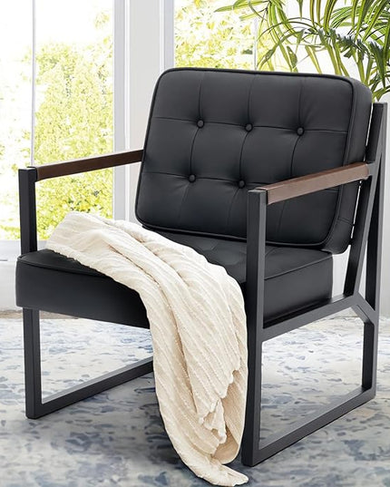 COLAMY Modern Black Leather Accent Chair, Comfy Living Room Chairs, Faux Leather Reception Armchair with Metal Legs for Living Room Bedroom Reception Waiting Room, Black - LeafyLoom