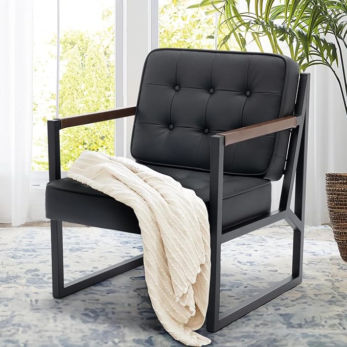 COLAMY Modern Black Leather Accent Chair, Comfy Living Room Chairs, Faux Leather Reception Armchair with Metal Legs for Living Room Bedroom Reception Waiting Room, Black - LeafyLoom