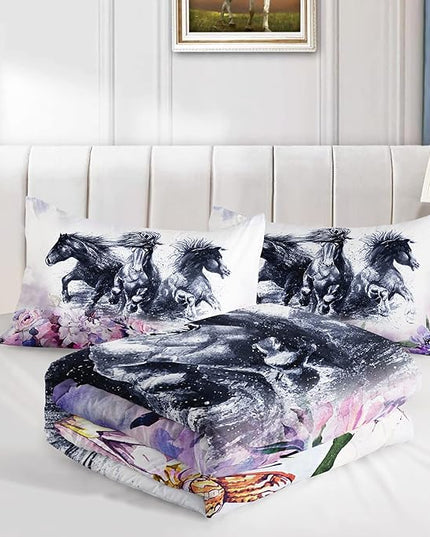 Kid Galloping Horse Comforter Set Room Purple Floral Animal Theme Handsome Horse Bedding Set for Boys Girls Adult, 1 Comforter + 2 Pillowcases - LeafyLoom