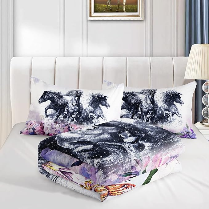 Kid Galloping Horse Comforter Set Room Purple Floral Animal Theme Handsome Horse Bedding Set for Boys Girls Adult, 1 Comforter + 2 Pillowcases - LeafyLoom