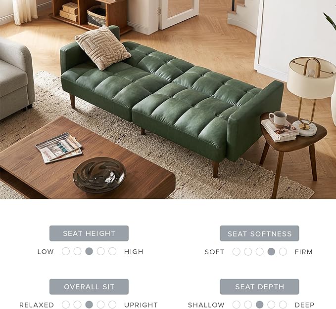 mopio Aaron Couch, Small Sofa, Futon, Sofa Bed, Sleeper Sofa, Loveseat, Mid Century Modern Futon Couch, Sofa Cama, Couches for Living Room, Bedroom (Sage Green, Faux Leather) - LeafyLoom
