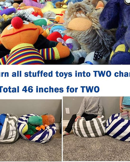 2 Packs Stuffed Animal Storage Beanbag Cover 24" Bean Bag Storage for Kids Girs Boys Room Toys Organizer Heavy-duty Zipper Bean Bag Chair Covers Only Grey Blue White Stripes Cotton Canvas - LeafyLoom
