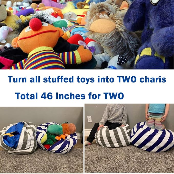2 Packs Stuffed Animal Storage Beanbag Cover 24" Bean Bag Storage for Kids Girs Boys Room Toys Organizer Heavy-duty Zipper Bean Bag Chair Covers Only Grey Blue White Stripes Cotton Canvas - LeafyLoom