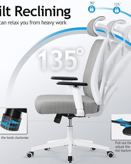 KERDOM Ergonomic Office Chair, Rolling Swivel Executive Desk Chair, Breathable Mesh Gaming Chair with Adjustable Headrest, 3D Armrest and Lumbar Support for Home Office LightGray - LeafyLoom