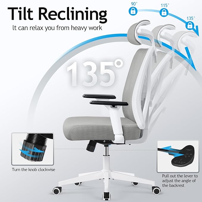 KERDOM Ergonomic Office Chair, Rolling Swivel Executive Desk Chair, Breathable Mesh Gaming Chair with Adjustable Headrest, 3D Armrest and Lumbar Support for Home Office LightGray - LeafyLoom