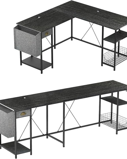 X-cosrack 88.5inch Large L-Shaped Computer Desk with Storage Shelves Drawer, Home Office Writing Corner Desk, 2 Person Long Desk PC Laptop Workstation with Hooks Storage Bag Cable Hole-Black - LeafyLoom