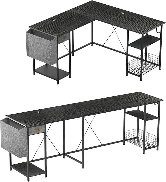 X-cosrack 88.5inch Large L-Shaped Computer Desk with Storage Shelves Drawer, Home Office Writing Corner Desk, 2 Person Long Desk PC Laptop Workstation with Hooks Storage Bag Cable Hole-Black - LeafyLoom