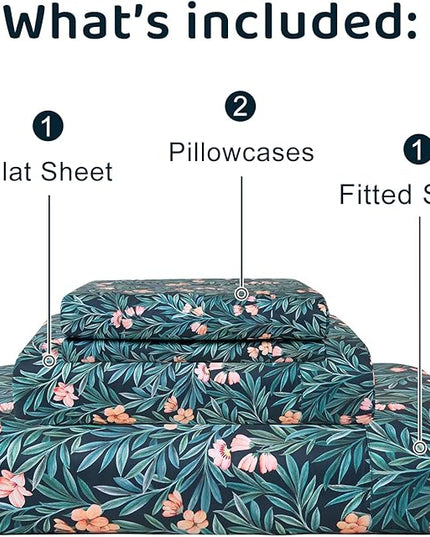 QSH Floral Egyptian Cotton Sheets King Size - Floral Bedding Sheets Botanical Pattern Printed Bedding King Size Bed Sheets 17.5" Extra Deep Pocket 4pcs - LeafyLoom