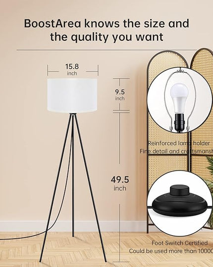 BoostArea Floor Lamp for Living Room, Tripod Floor Lamp, 15W LED Bulb, 3 Levels Dimmable Brightness, White Linen Lamp Shade, Mid Century Standing Lamp for Living Room, Bedroom, Study Room and Office - LeafyLoom