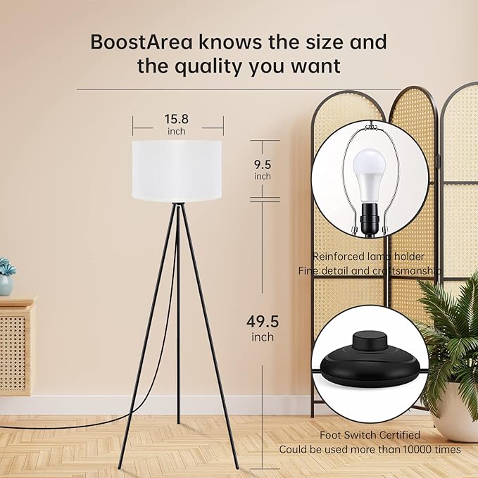 BoostArea Floor Lamp for Living Room, Tripod Floor Lamp, 15W LED Bulb, 3 Levels Dimmable Brightness, White Linen Lamp Shade, Mid Century Standing Lamp for Living Room, Bedroom, Study Room and Office - LeafyLoom
