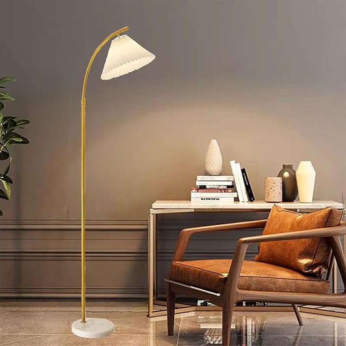 Arched Floor lamp White Fabric Curved Minimalist Floor Lamp with Pleated Shade Boho Floor Lamps for Living Room and bedroom Modern Luxury gold Corner Standing Floor lamp - LeafyLoom