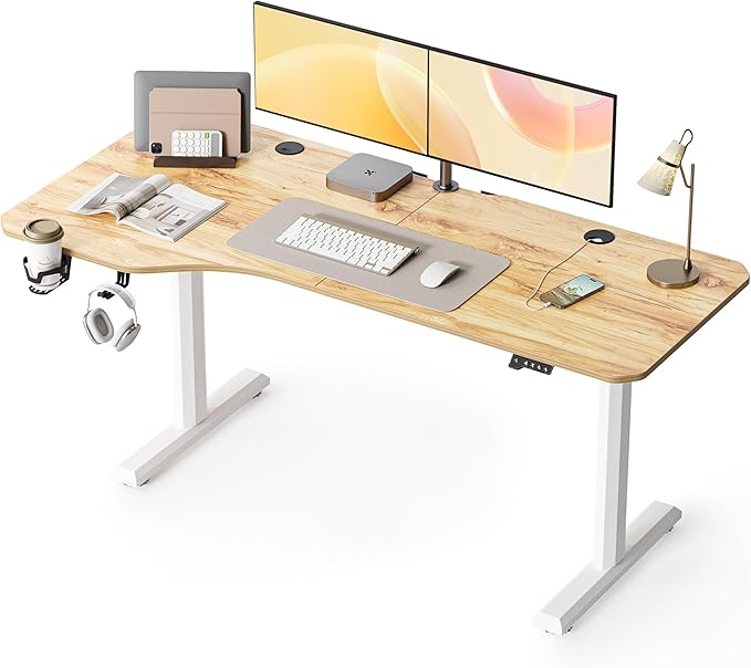 FAMISKY Electric Standing Desk, 63 x 24 Inches Height Adjustable Desk, Ergonomic Home Office Computer Workstation with Splice Board, Light Rustic Brown - LeafyLoom