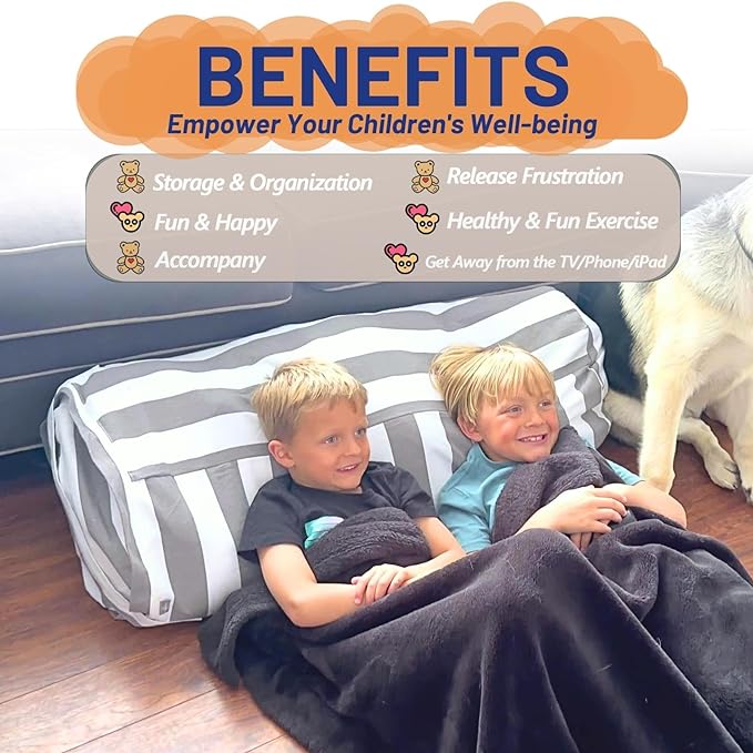 Stuffed Animal Storage Bean Bag Cover for Kids - Organize, Sit, Play & Box Help Promote Comfort and Relaxation - Perfect Playroom & Bedroom Plush Toys Beanbag, Cylinder, Best Gift for Kids - LeafyLoom