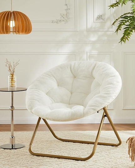 Sweetcrispy Comfy Saucer Chairs Faux Fur Lounge for Bedroom Living Room Flexible Folding Seating for Kids Teens Adults, Soft Padded and Metal Frame Modern for Home Office, X-Large White - LeafyLoom