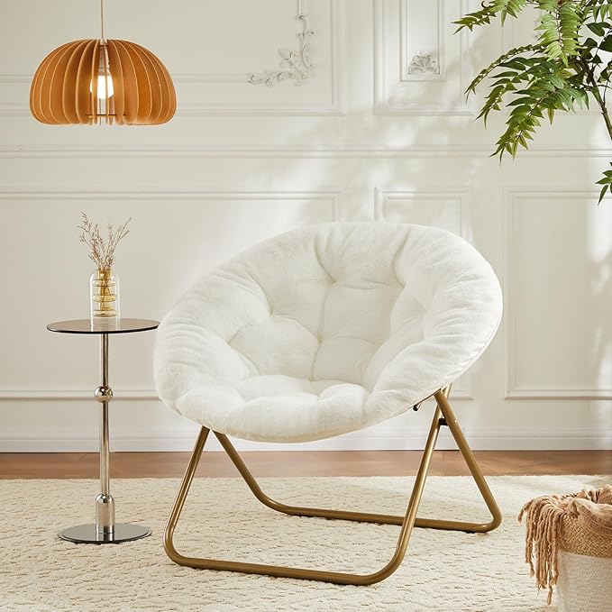 Sweetcrispy Comfy Saucer Chairs Faux Fur Lounge for Bedroom Living Room Flexible Folding Seating for Kids Teens Adults, Soft Padded and Metal Frame Modern for Home Office, X-Large White - LeafyLoom