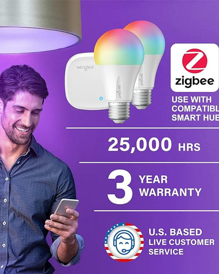 Sengled Smart Light Bulb Starter Kit, Smart Bulbs that Work with Alexa, Google Home, Color Changing Light Bulb, Alexa Light Bulbs, A19 E26 Dimmable Bulbs 800LM, 8.6W (60W Equivalent), 2 Pack with Hub Sengled