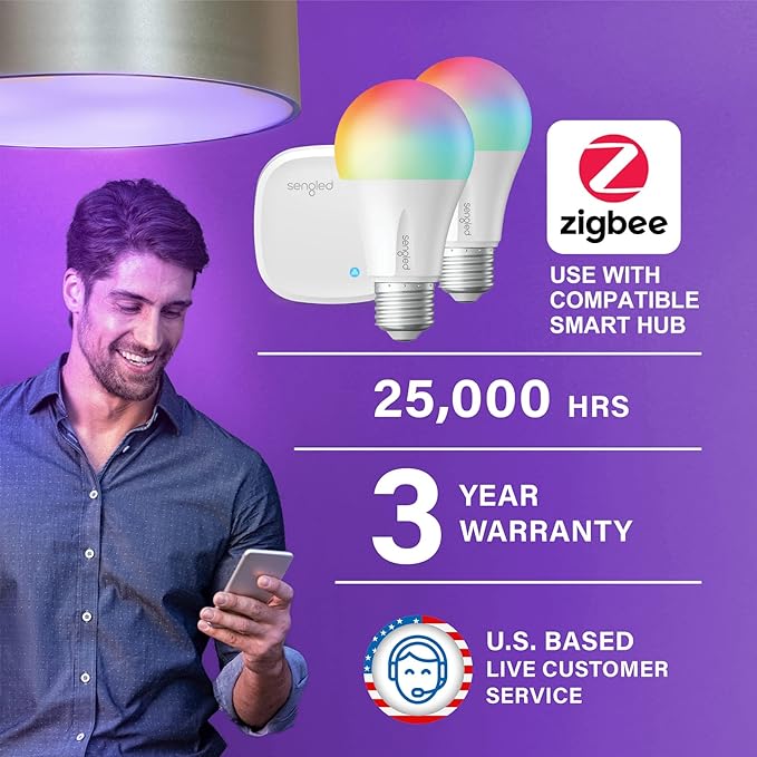 Sengled Smart Light Bulb Starter Kit, Smart Bulbs that Work with Alexa, Google Home, Color Changing Light Bulb, Alexa Light Bulbs, A19 E26 Dimmable Bulbs 800LM, 8.6W (60W Equivalent), 2 Pack with Hub Sengled