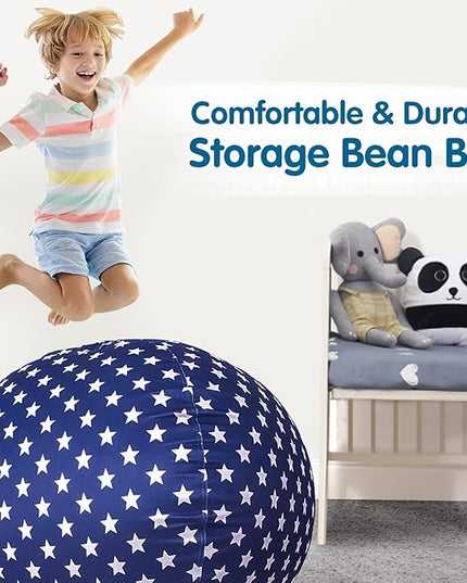 Lukeight Stuffed Animal Storage Bean Bag Chair Cover for Kids, Zipper Beanbag Chair Cover for Organizing Toddler & Kids' Rooms Plush Toys (Stars Navy Velvet, X-Large) - LeafyLoom