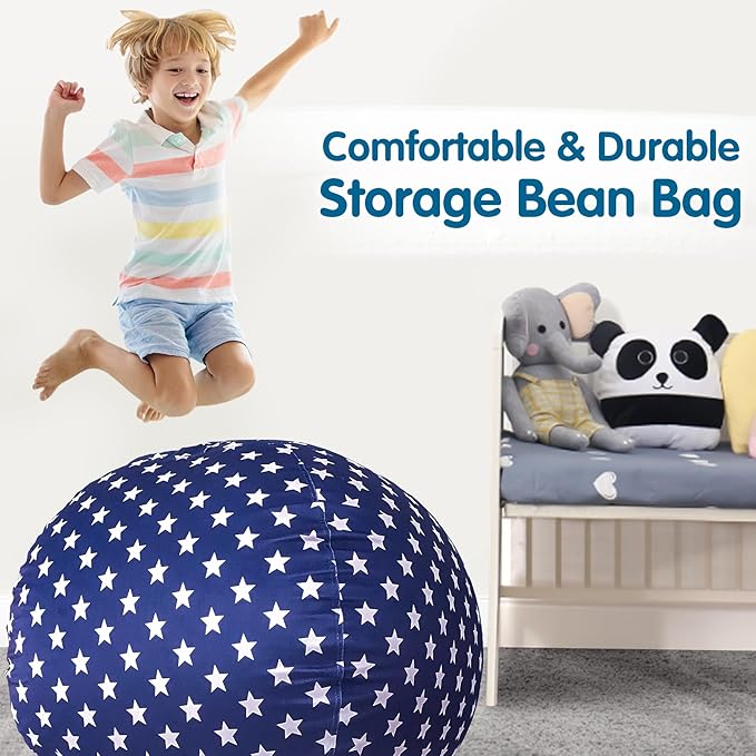 Lukeight Stuffed Animal Storage Bean Bag Chair Cover for Kids, Zipper Beanbag Chair Cover for Organizing Toddler & Kids' Rooms Plush Toys (Stars Navy Velvet, X-Large) - LeafyLoom