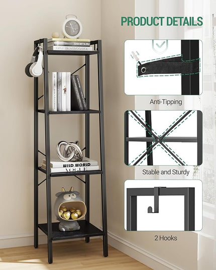 Ladder Shelf, Bookshelf Bookcase, Freestanding Corner Storage Shelve with 2 Hooks for Home Office, Living Room, Kitchen, Bedroom, Industrial, 4-Tier Black BC13204B - LeafyLoom