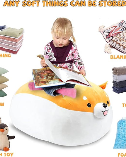 Stuffed Animal Storage Bean Bag Chair Cover for kids Cute Shiba Inu Yellow Dog Large Beanbag Plush Toy Bedroom Décor Organizer Cover, No Beans - LeafyLoom