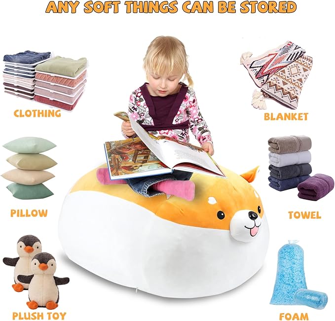 Stuffed Animal Storage Bean Bag Chair Cover for kids Cute Shiba Inu Yellow Dog Large Beanbag Plush Toy Bedroom Décor Organizer Cover, No Beans - LeafyLoom