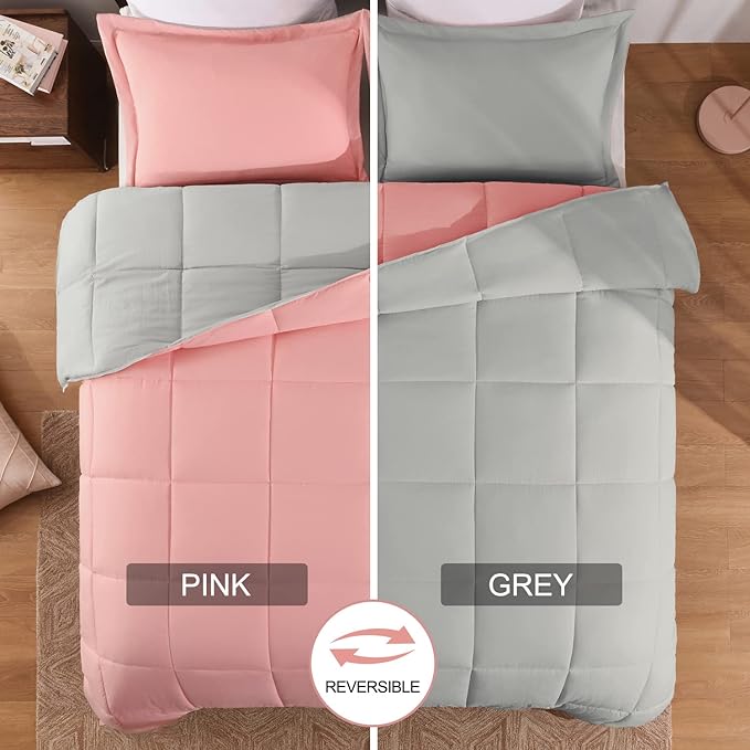 Basic Beyond Twin Comforter Set for Girls and Boys - Fluffy Twin Bed Comforter Set for All Seasons - Reversible Pink and Grey Twin Comforter Set - 2 Pieces (1 Comforter + 1 Pillow Sham) - LeafyLoom