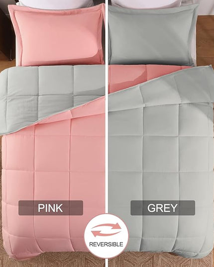 Basic Beyond Queen Comforter Set - Fluffy Comforter Queen Set for All Seasons - Reversible Pink Comforter Set Queen for Mens - 3 Pieces (1 Comforter + 2 Pillow Shams) - Pink/Grey - LeafyLoom