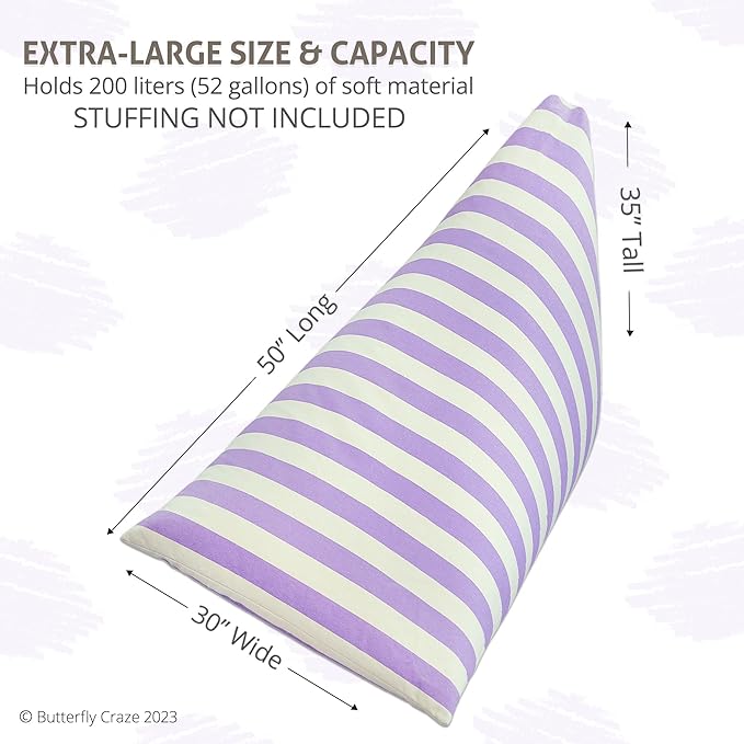 Butterfly Craze Bean Bag Chair Cover, Functional Toddler Toy Organizer, Fill with Stuffed Animals to Create a Jumbo, Comfy Floor Lounger for Boys or Girls, Stuffing Not Included, Purple Stripes - LeafyLoom