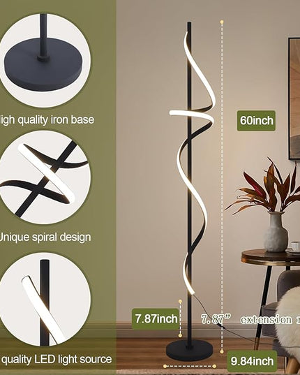 Modern Spiral Floor Lamp with Remote Control, 48W LED Floor Lamps for Living Room, 3 Colors Dimmable Tall Standing Lamp for Living Room, 60'' Modern Floor lamp for Bedroom Black - LeafyLoom