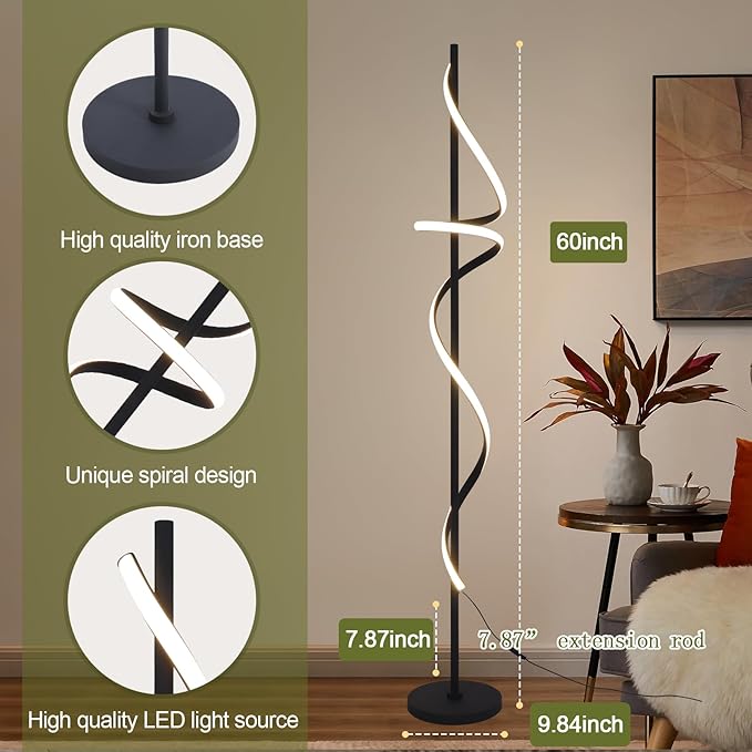 Modern Spiral Floor Lamp with Remote Control, 48W LED Floor Lamps for Living Room, 3 Colors Dimmable Tall Standing Lamp for Living Room, 60'' Modern Floor lamp for Bedroom Black - LeafyLoom