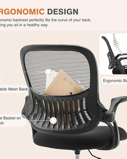 Sweetcrispy Office Computer Desk Chair, Ergonomic Mid-Back Mesh Rolling Work Swivel Task Chairs with Wheels, Comfortable Lumbar Support, Comfy Flip-up Arms for Home, Bedroom, Study, Student, Black - LeafyLoom