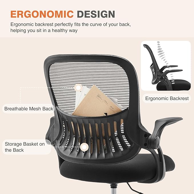 Sweetcrispy Office Computer Desk Chair, Ergonomic Mid-Back Mesh Rolling Work Swivel Task Chairs with Wheels, Comfortable Lumbar Support, Comfy Flip-up Arms for Home, Bedroom, Study, Student, Black - LeafyLoom
