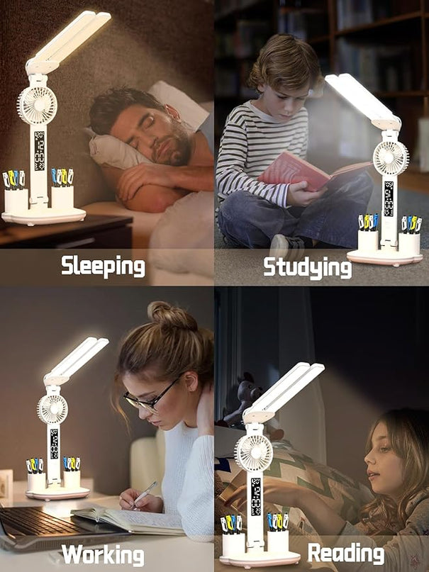 Desk lamp, LED Desk Lamps with Fans, USB Charging Port, Adjustable Foldable Table Lamp with Clock, Date, Fan, Pen Holder, Temperature, Step-less dimming Lighting, Home Office Desk Lamp - LeafyLoom