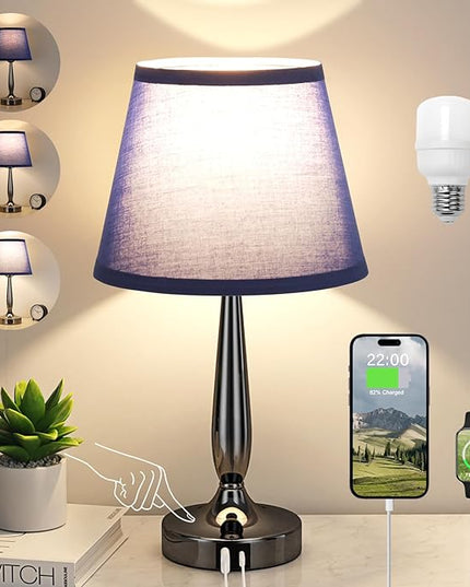 Kakanuo Touch Bedside Lamp for Bedroom with USB C Port, Small Touch Table Lamp with 2 USB Charging Ports, 3 Way Dimmable Nightstand Lamp for Living Room and Office - Royal Blue (LED Bulb Included) - LeafyLoom