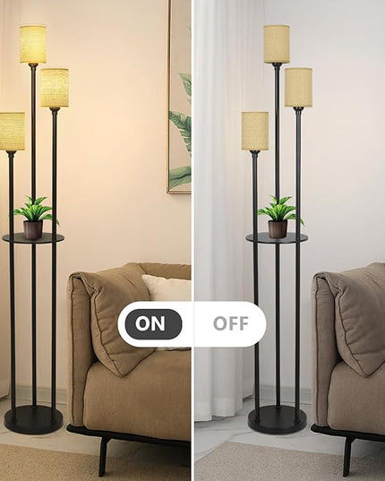 Boho Floor Lamp with Shelves, Black Floor Lamp with Hand-woven Shade, 3-Lights Corner Display Standing Lamp, Farmhouse Rustic Floor Lamps For Living Room, Bedroom, Office, Metal Tall Lamp for Reading - LeafyLoom