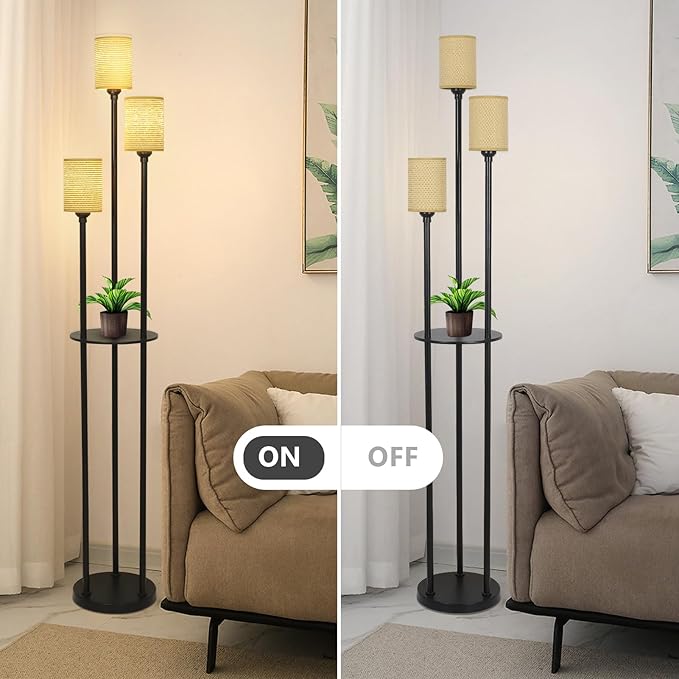 Boho Floor Lamp with Shelves, Black Floor Lamp with Hand-woven Shade, 3-Lights Corner Display Standing Lamp, Farmhouse Rustic Floor Lamps For Living Room, Bedroom, Office, Metal Tall Lamp for Reading - LeafyLoom