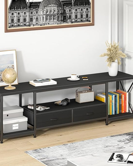 TV Stand with Fabric Drawers for 65 70 75 Inches TV - Entertainment Center and Industrial TV Console Table with Open Storage Shelves for Living Room, Bedroom - 63.5" Black - LeafyLoom