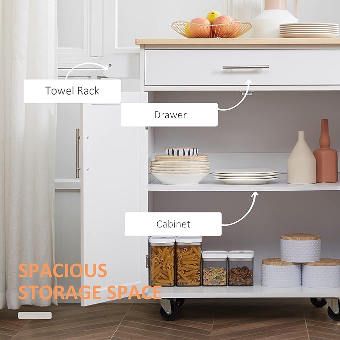 HOMCOM Kitchen Island Cart Rolling Trolley Cart with Drawer, Storage Cabinet & Towel Rack, White - LeafyLoom