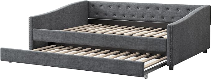 Full Size Upholstered Daybed with Twin-Size Trundle,Elegant Wood Bed Frame w/Button Tufted Back and Waved Shape Arms & Nailhead,Slat Support,Sofa Bed for Apartment,Bedroom,Dark Grey - LeafyLoom