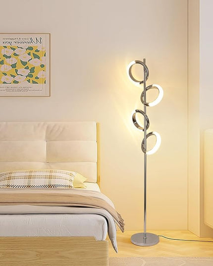 Ganeed LED Floor Lamp for Bedroom,4 Rings 40W Modern Dimmable Standing Lamp,61 in Tall Reading Light Corner Lamp with Remote Control for Living Room Office (3000-6500K/Chrome) - LeafyLoom