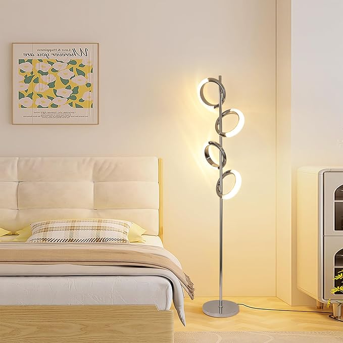 Ganeed LED Floor Lamp for Bedroom,4 Rings 40W Modern Dimmable Standing Lamp,61 in Tall Reading Light Corner Lamp with Remote Control for Living Room Office (3000-6500K/Chrome) - LeafyLoom
