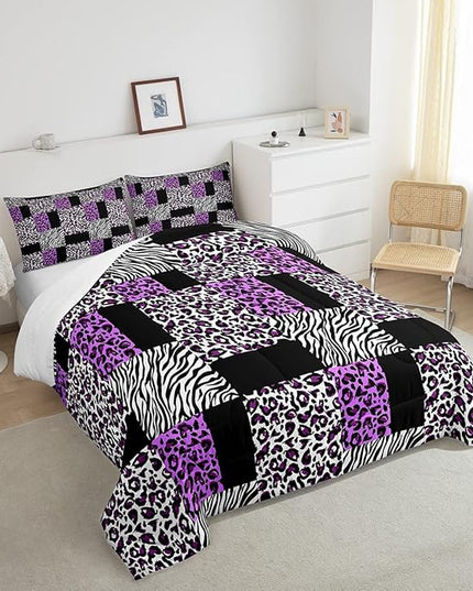 Erosebridal Purple Leopard Bedding Set Patchwork Cheetah Print Comforter Sets King Size for Girls Teens Adults Women Bedroom Black Zebra Pattern Duvet Sets Animal Skin Down Comforter 2 Piece - LeafyLoom