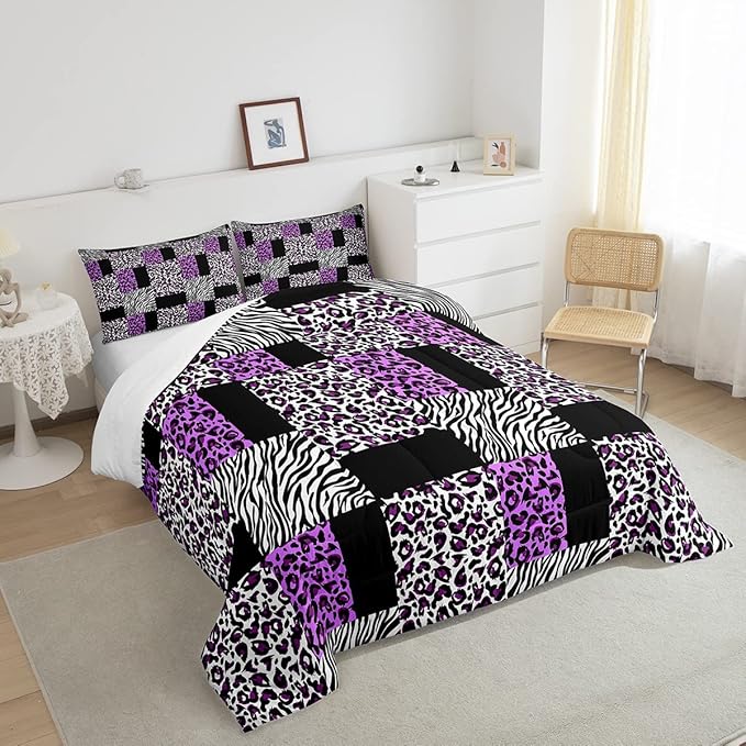 Erosebridal Purple Leopard Bedding Set Patchwork Cheetah Print Comforter Sets King Size for Girls Teens Adults Women Bedroom Black Zebra Pattern Duvet Sets Animal Skin Down Comforter 2 Piece - LeafyLoom