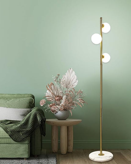 3-Globe Mid Century Floor Lamp for Living Room, Modern Dimmable Tall Standing Lamp with Frosted Glass Shades, Contemporary Gold Pole Lamp for Bedroom Office （Bulbs Included） - LeafyLoom