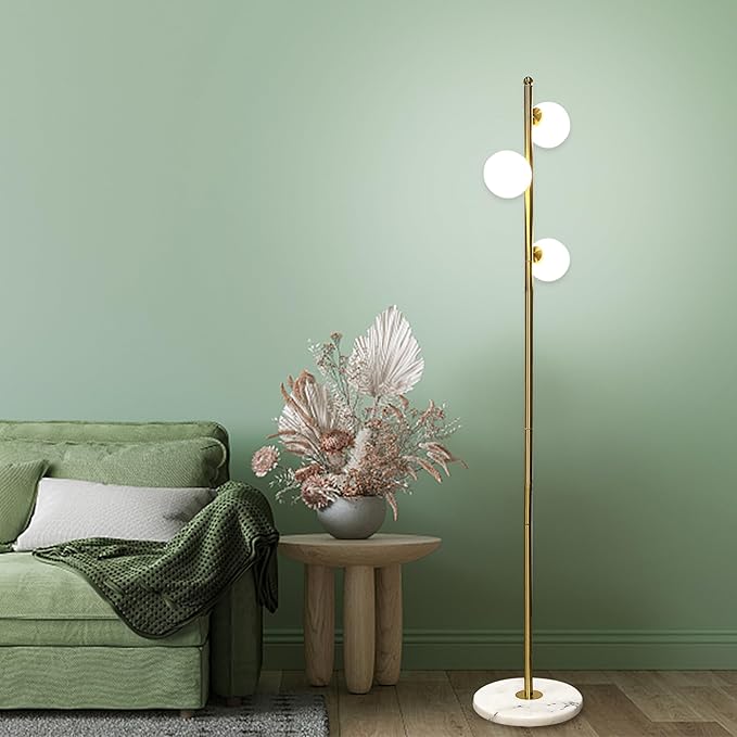 3-Globe Mid Century Floor Lamp for Living Room, Modern Dimmable Tall Standing Lamp with Frosted Glass Shades, Contemporary Gold Pole Lamp for Bedroom Office （Bulbs Included） - LeafyLoom