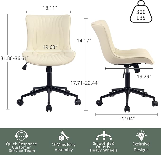 YOUTASTE Office Chair Armless Desk Chair Small Computer Swivel Rolling Chair with Wheels, Modern Upholstered PU Leather Computer Sewing Chair, Adjustable Home Office Desk Chairs, Beige - LeafyLoom