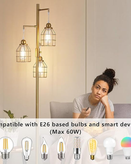 9MMML Golden Dimmable Floor Lamp,Industrial Gold Farmhouse Tall Standing Lamp for Living Room, Bedroom Office,3 Teardrop Cage Lampshade,3 LED Bulbs Inculded, 68'' Tall - LeafyLoom